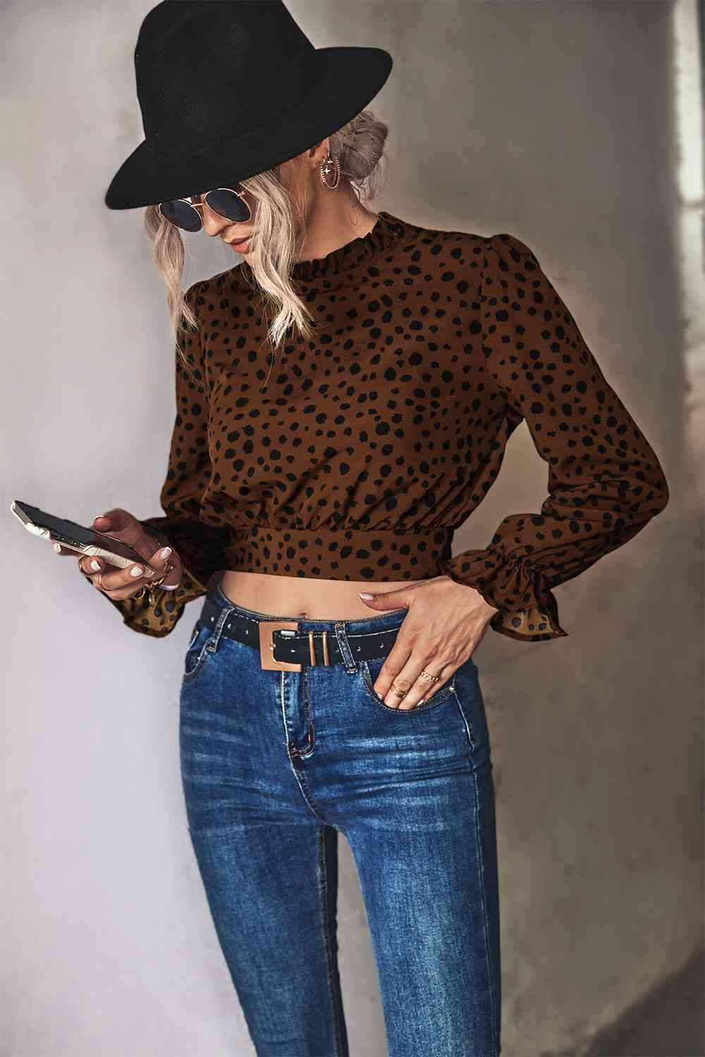 Animal Print Tie-Back Cropped Blouse Blouses - Tophatter Daily Deals