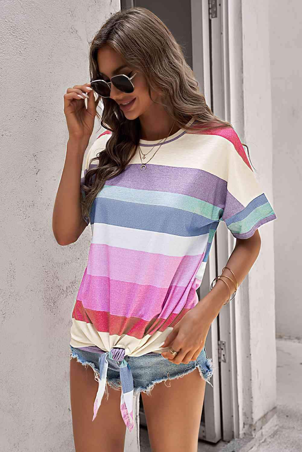 Rainbow Stripe Tie-Front Tee Shirt Women's T-Shirts - Tophatter Daily Deals