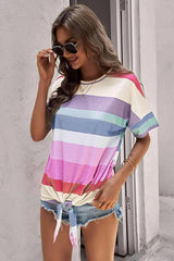 Rainbow Stripe Tie-Front Tee Shirt Women's T-Shirts - Tophatter Daily Deals