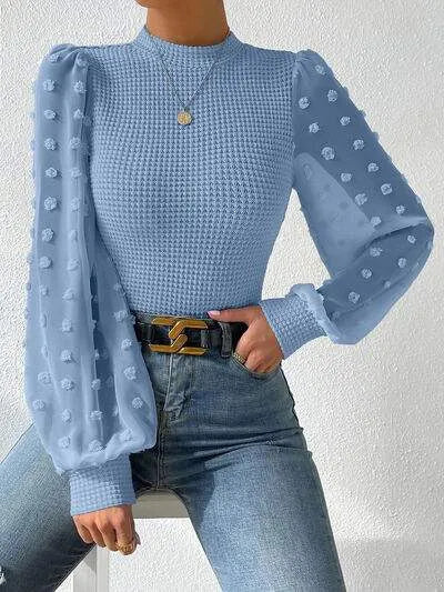 Swiss Dot Waffle-Knit Lantern Sleeve T-Shirt Women's T-Shirts - Tophatter Daily Deals