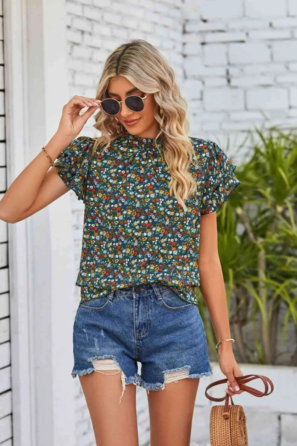 Floral Ruffle Collar Flutter Sleeve Blouse Blouses - Tophatter Daily Deals