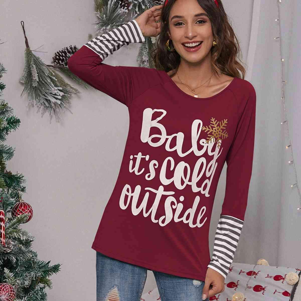 Slogan Graphic Striped Long Sleeve T-Shirt Wine Women's T-Shirts - Tophatter Daily Deals