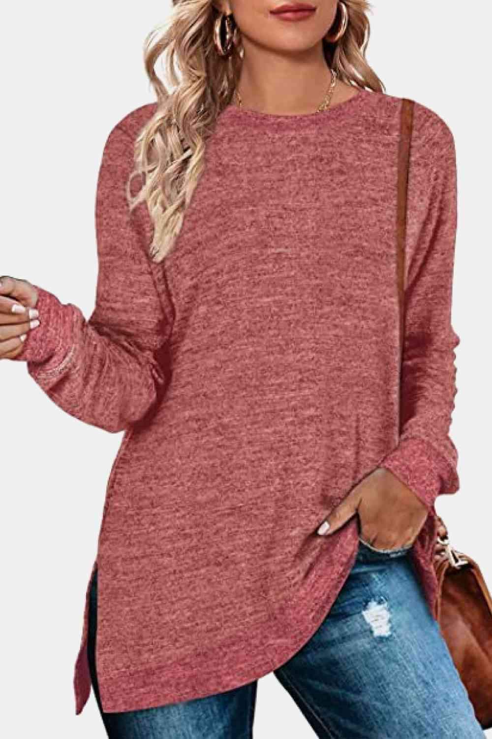 Round Neck Long Sleeve Slit T-Shirt Light Mauve Women's T-Shirts - Tophatter Daily Deals