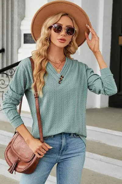 Decorative Button V-Neck Long Sleeve T-Shirt Women's T-Shirts - Tophatter Daily Deals