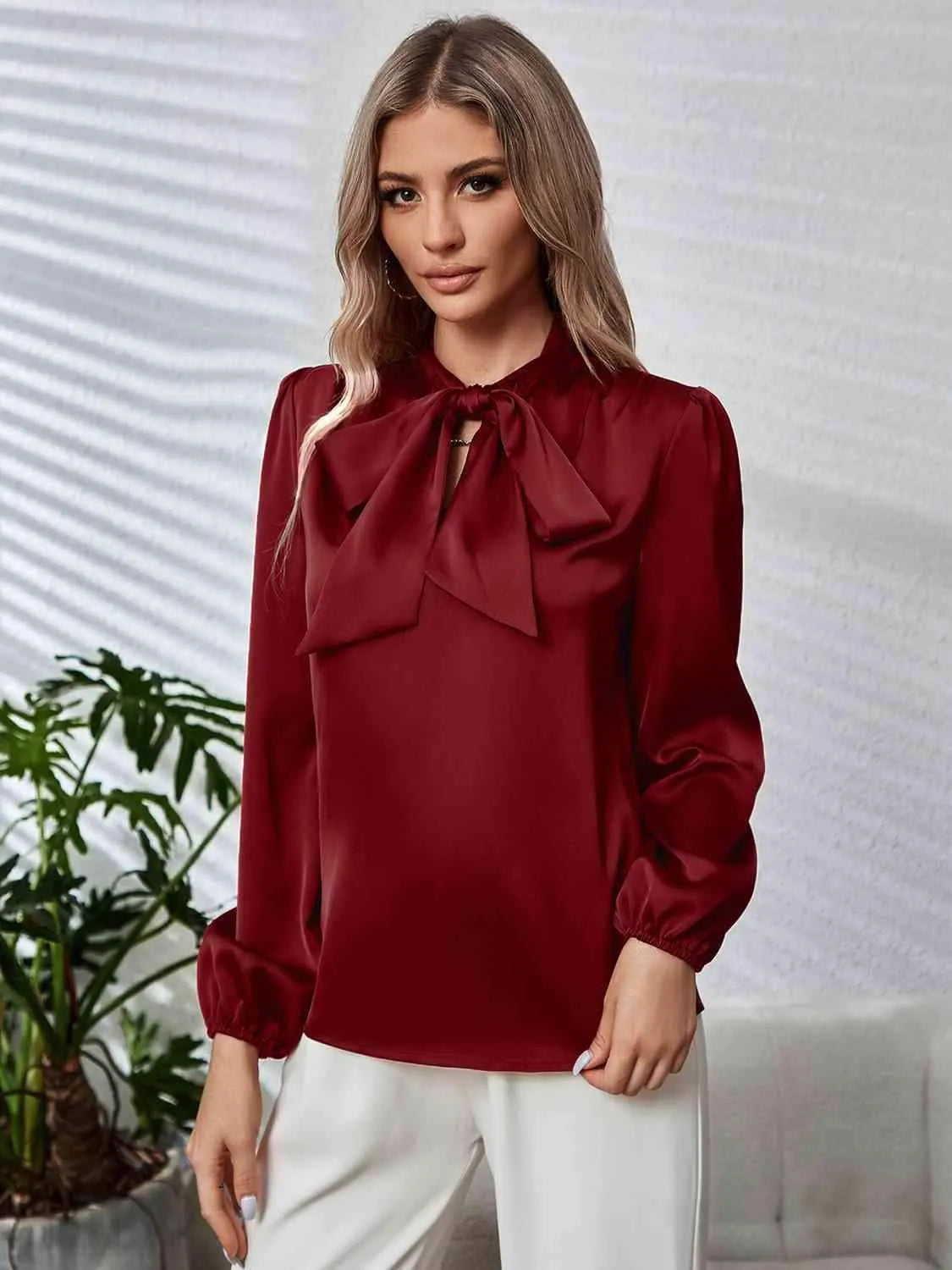 Tie Neck Long Puff Sleeve Blouse Blouses - Tophatter Daily Deals