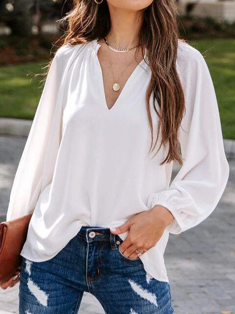 Notched Neck Long Sleeve Blouse Blouses - Tophatter Daily Deals