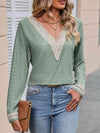 Double Take Contrast V-Neck Eyelet Long Sleeve Top Blouses - Tophatter Daily Deals