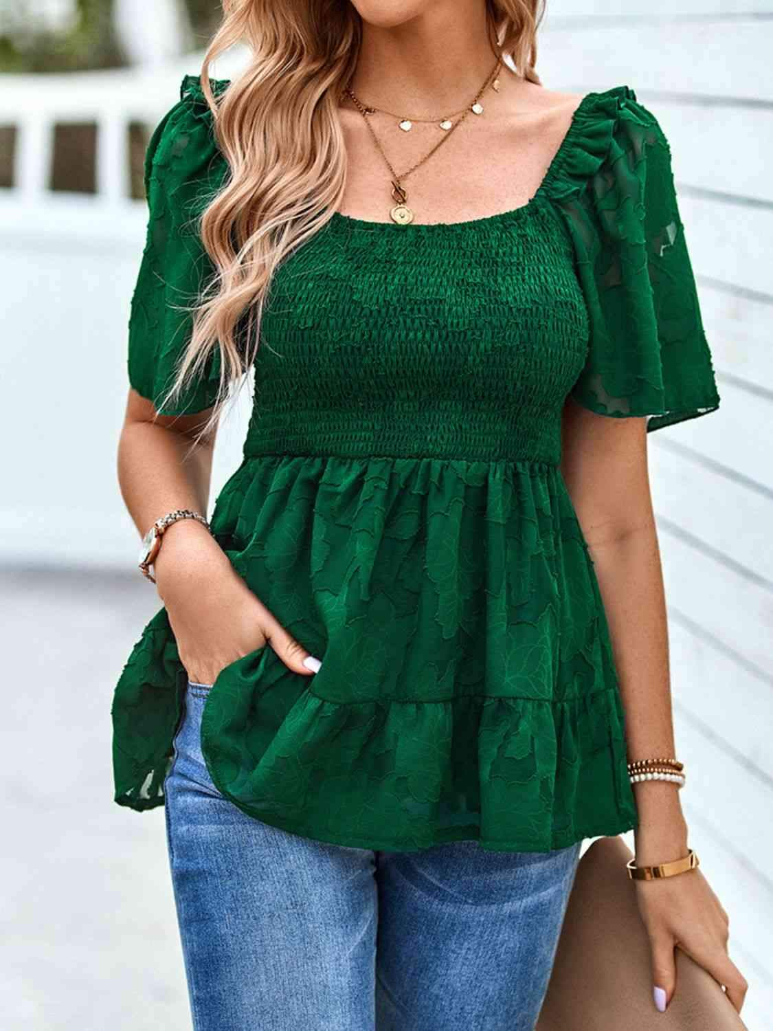 Smocked Square Neck Babydoll Blouse Blouses - Tophatter Daily Deals