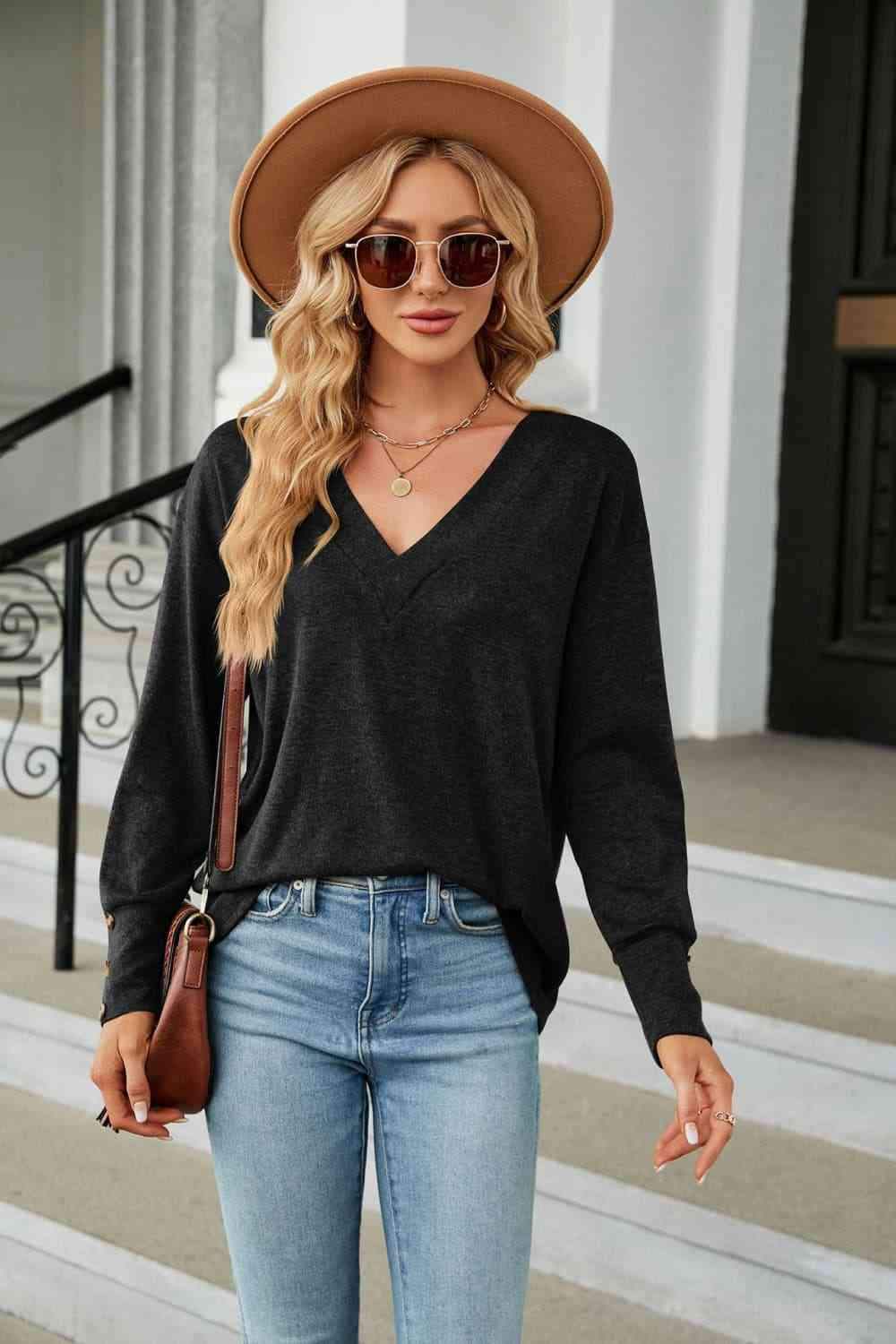 V-Neck Long Sleeve T-Shirt Black Women's T-Shirts - Tophatter Daily Deals