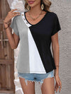 Color Block Decorative Button V-Neck Tee Women's T-Shirts - Tophatter Daily Deals