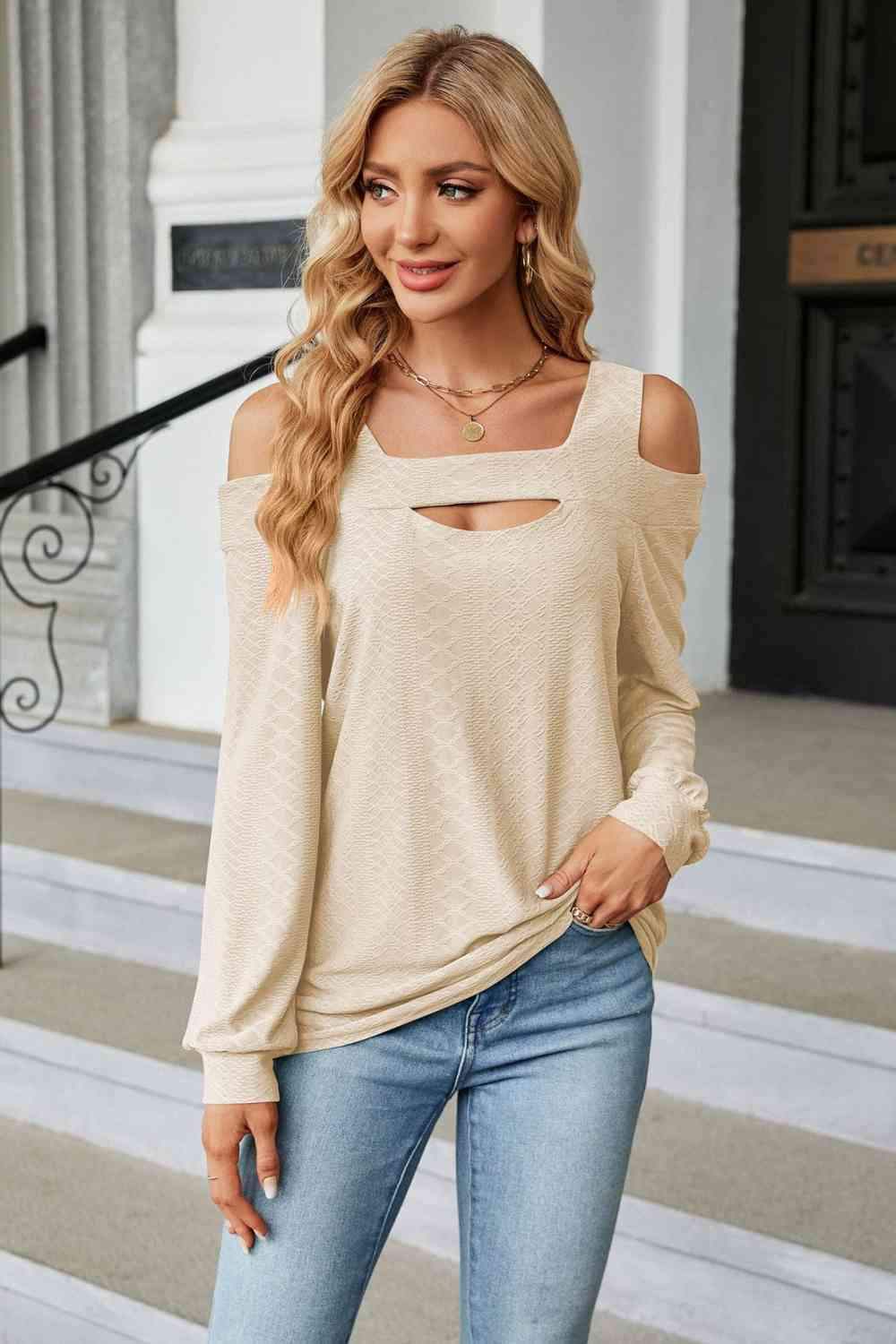 Cold Shoulder Square Neck Cutout Blouse Cream Blouses - Tophatter Daily Deals