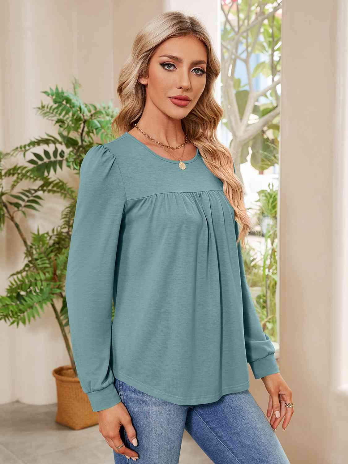 Ruched Round Neck Long Sleeve Blouse Blouses - Tophatter Daily Deals