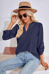 V-Neck Roll-Tap Sleeve Blouse Blouses - Tophatter Daily Deals