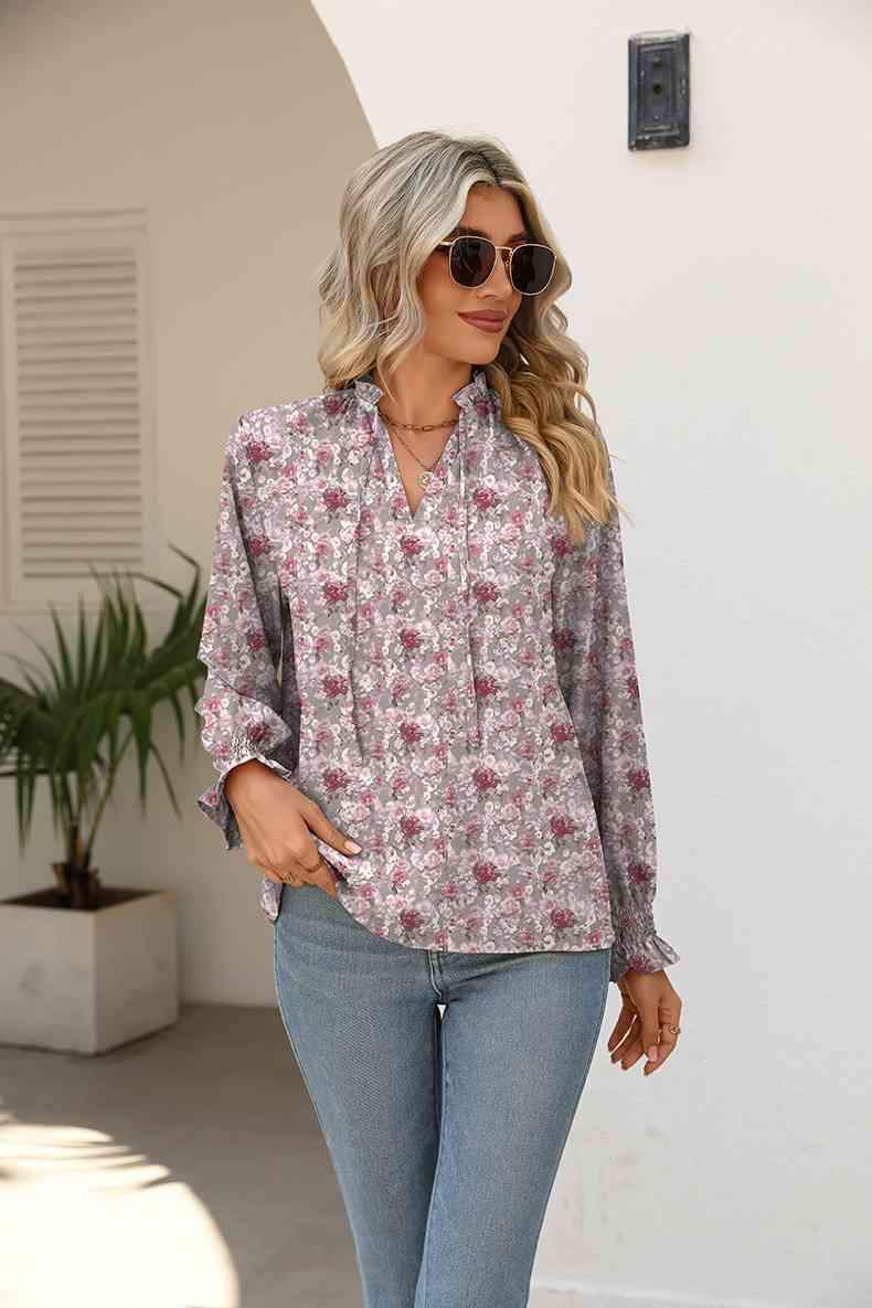 Printed Tie Neck Flounce Sleeve Blouse Blouses - Tophatter Daily Deals