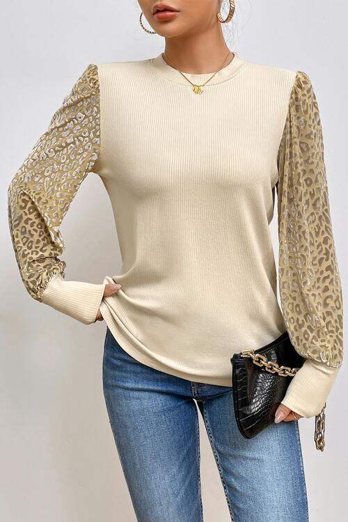 Leopard Print Long Sleeve Ribbed Knit Blouse Light Apricot Blouses - Tophatter Daily Deals