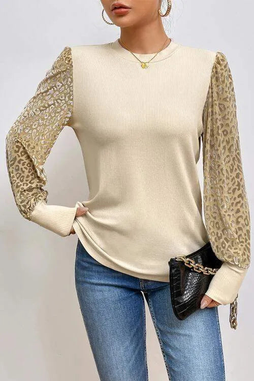 Leopard Print Long Sleeve Ribbed Knit Blouse Light Apricot Blouses - Tophatter Daily Deals