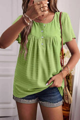 Quarter-Button Round Neck Short Sleeve Top Blouses - Tophatter Daily Deals