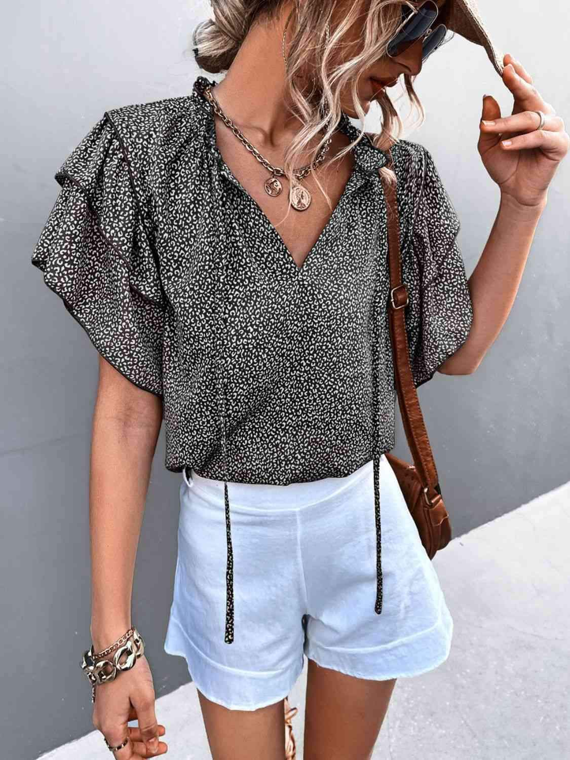 Printed Flutter Sleeve V-Neck Top Black Blouses - Tophatter Daily Deals