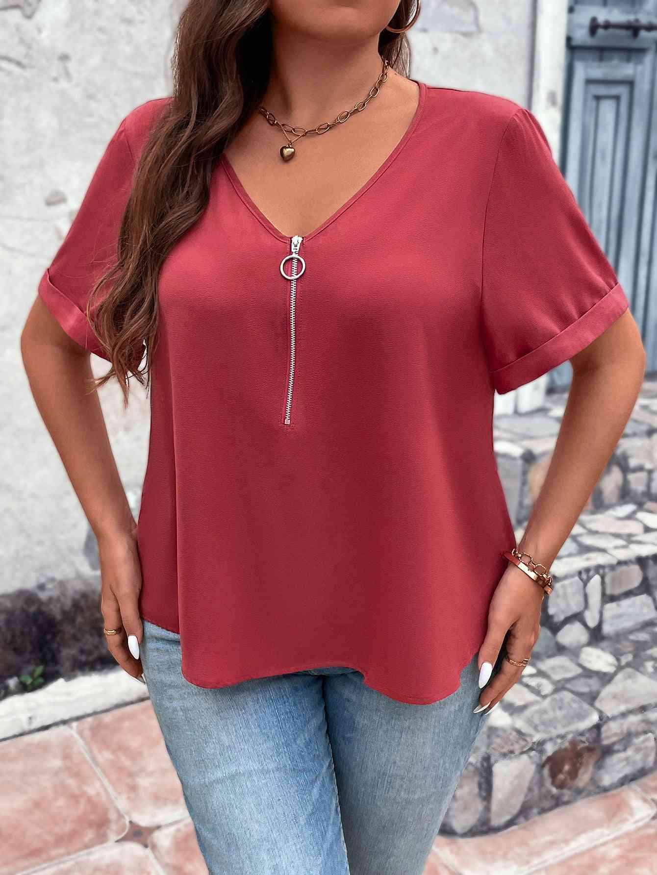 Plus Size V-Neck Short Sleeve Blouse with Zipper Blouses - Tophatter Daily Deals