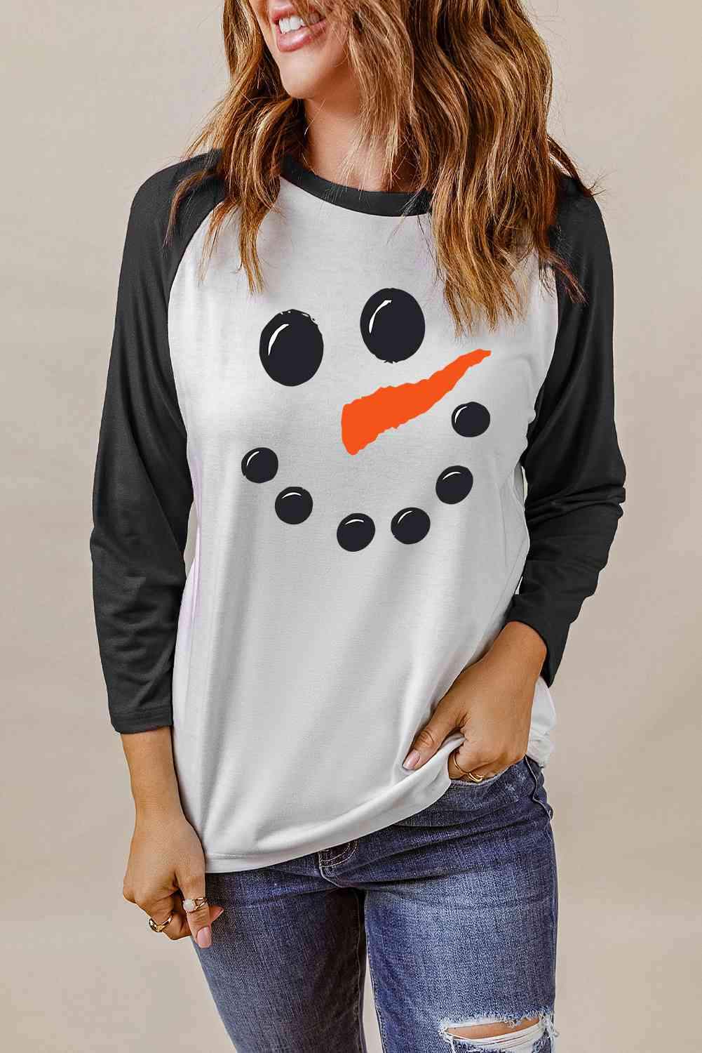 Snowman Graphic Raglan Sleeve T-Shirt Women's T-Shirts - Tophatter Daily Deals