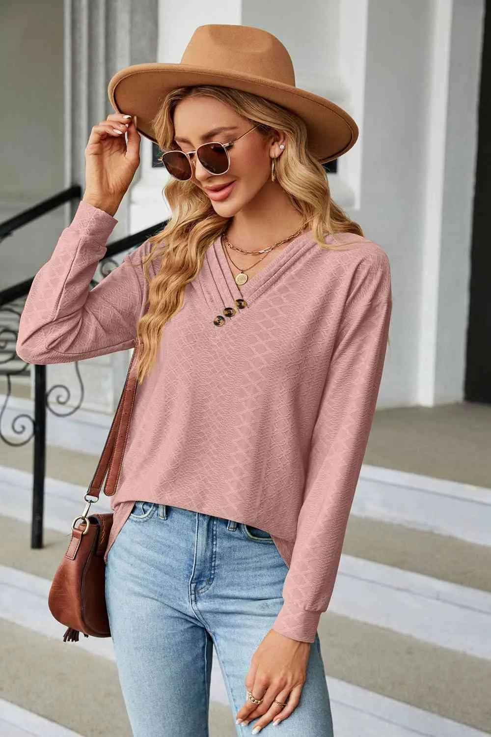 V-Neck Long Sleeve Blouse Blouses - Tophatter Daily Deals