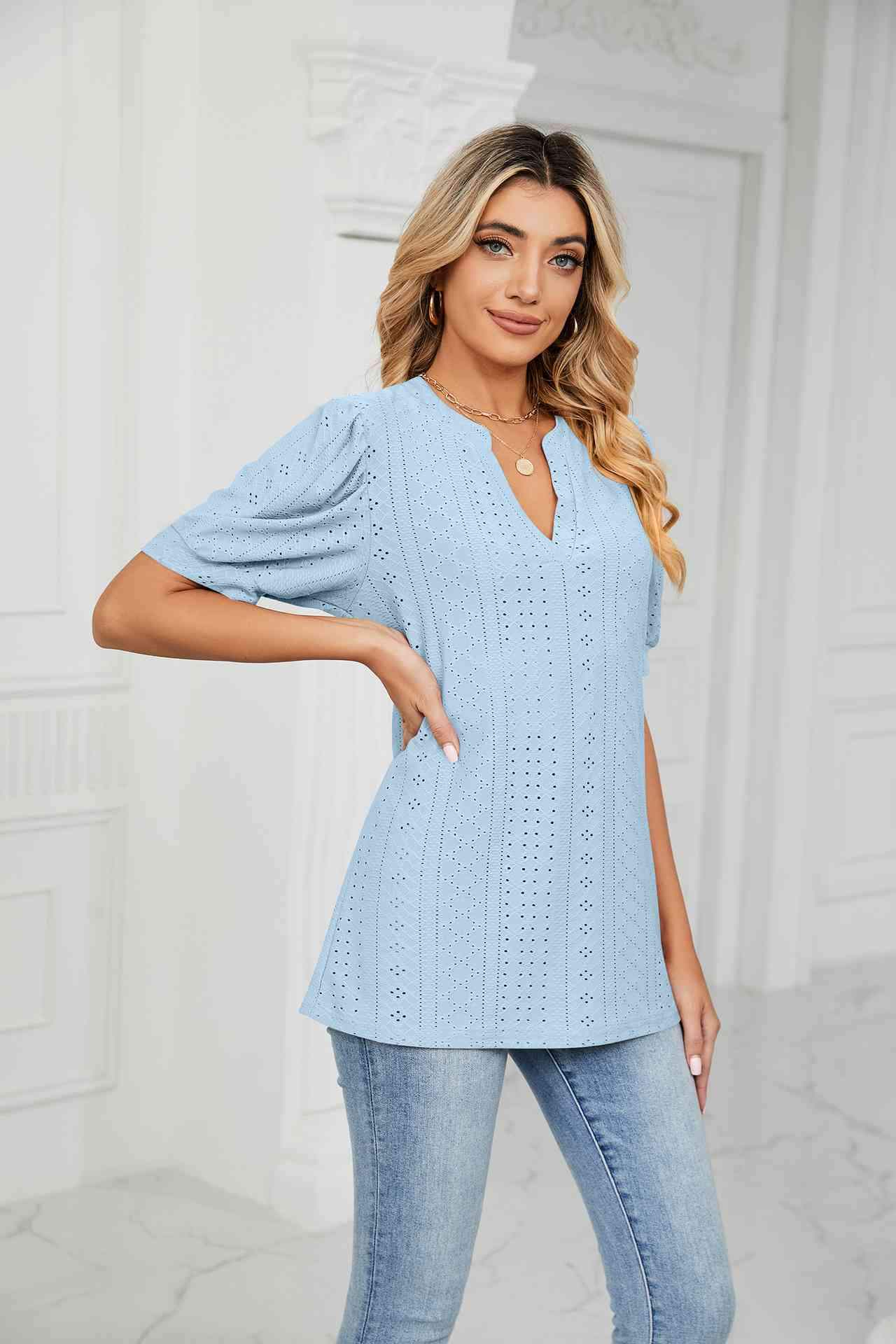 Eyelet Short Puff Sleeve Notched Neck Top Blue Blouses - Tophatter Daily Deals