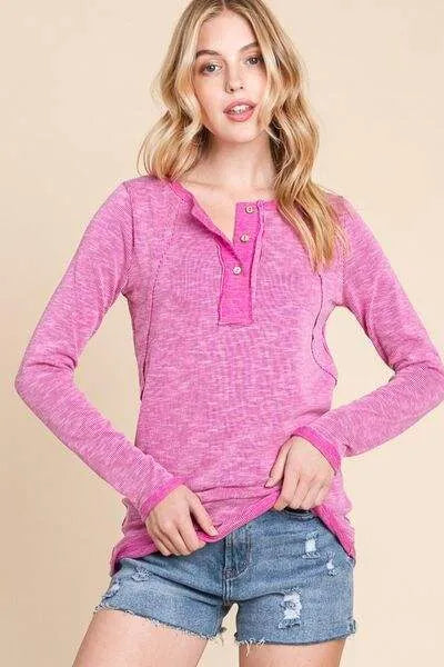 Reborn J Contrast Trim Half Button Long Sleeve T-Shirt Women's T-Shirts - Tophatter Daily Deals