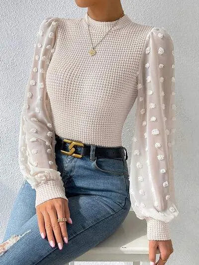 Swiss Dot Waffle-Knit Lantern Sleeve T-Shirt Women's T-Shirts - Tophatter Daily Deals