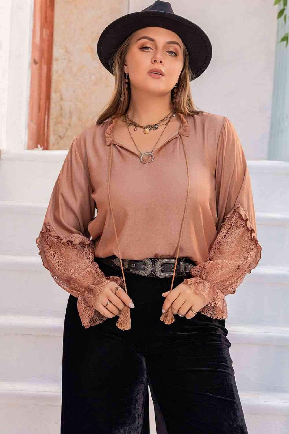 Plus Size Tie Neck Flounce Sleeve Blouse Blouses - Tophatter Daily Deals