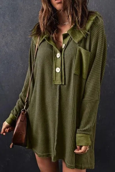 Waffle Knit Buttoned Long Sleeve Top with Breast Pocket Blouses - Tophatter Daily Deals