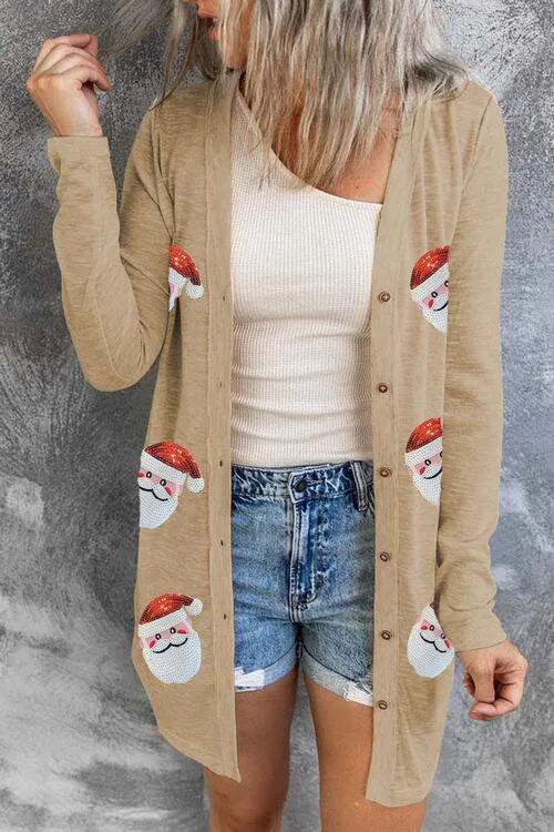 Sequin Santa Button Up Long Sleeve Cardigan Blouses - Tophatter Daily Deals