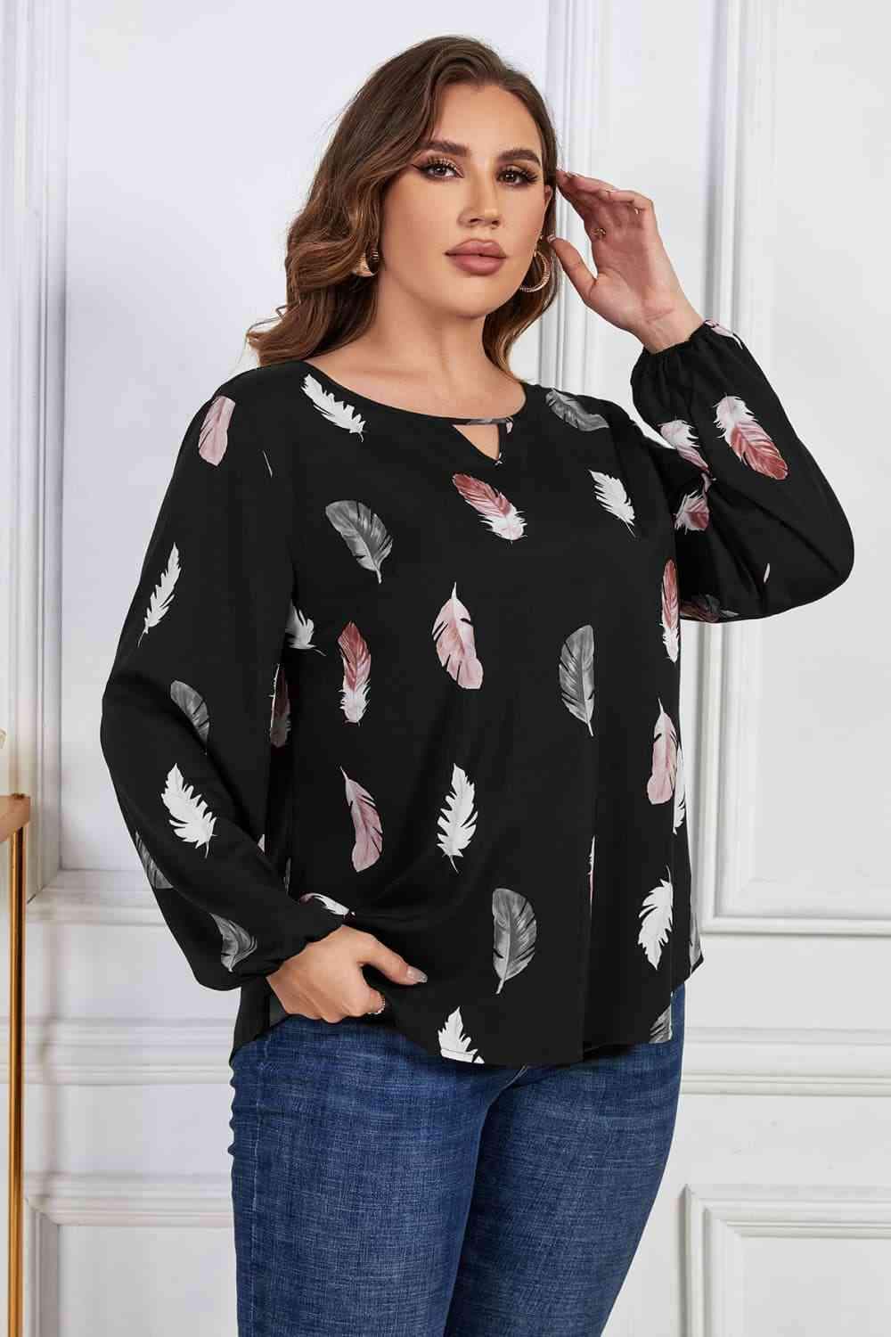 Melo Apparel Plus Size Printed Round Neck Long Sleeve Cutout Blouse Blouses - Tophatter Daily Deals