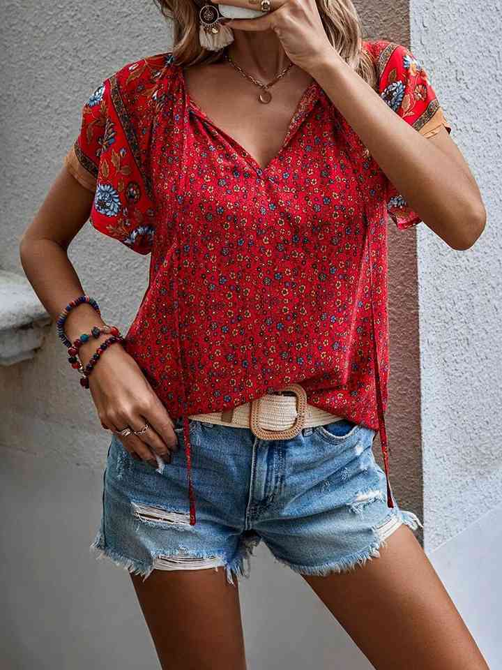 Printed Short Sleeve Tie Neck Blouse - Tophatter Deals