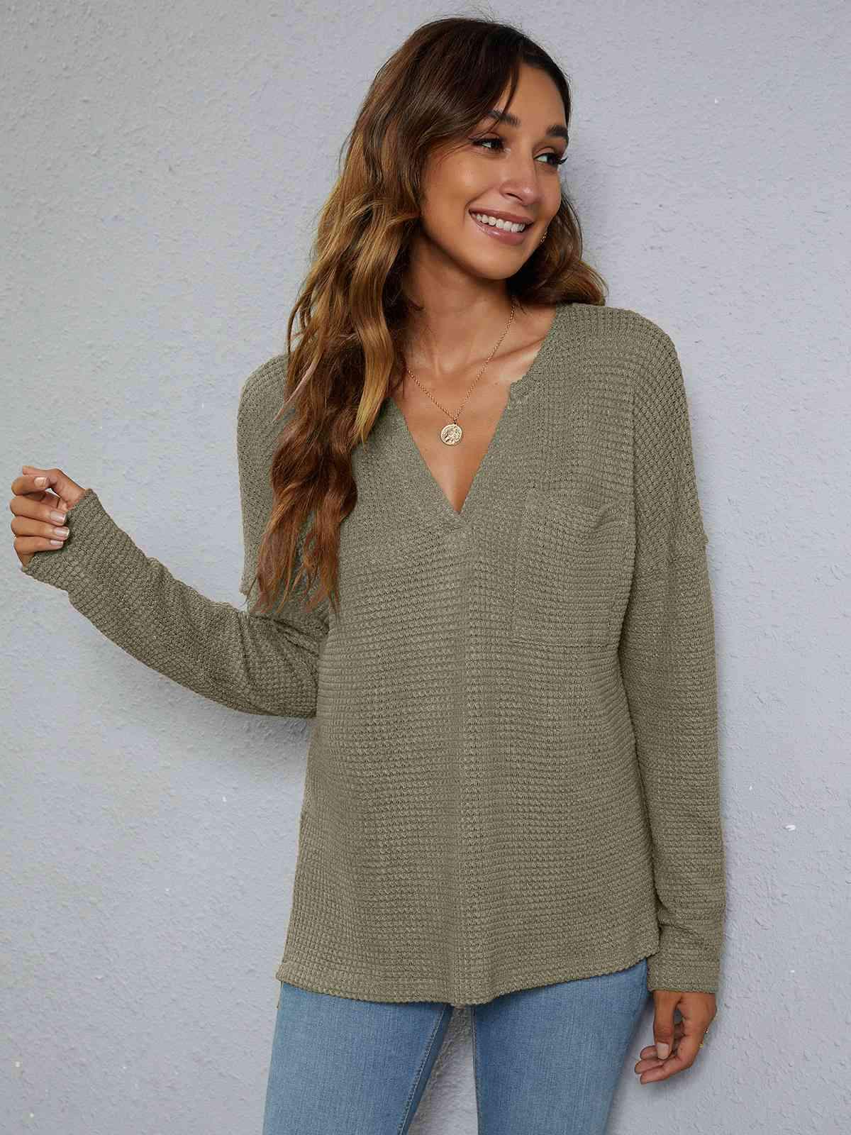 Dropped Shoulder High-Low Waffle-Knit Top Blouses - Tophatter Daily Deals