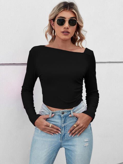 Asymmetrical Neck Long Sleeve T-Shirt Black Women's T-Shirts - Tophatter Daily Deals