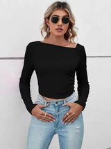 Asymmetrical Neck Long Sleeve T-Shirt Black Women's T-Shirts - Tophatter Daily Deals