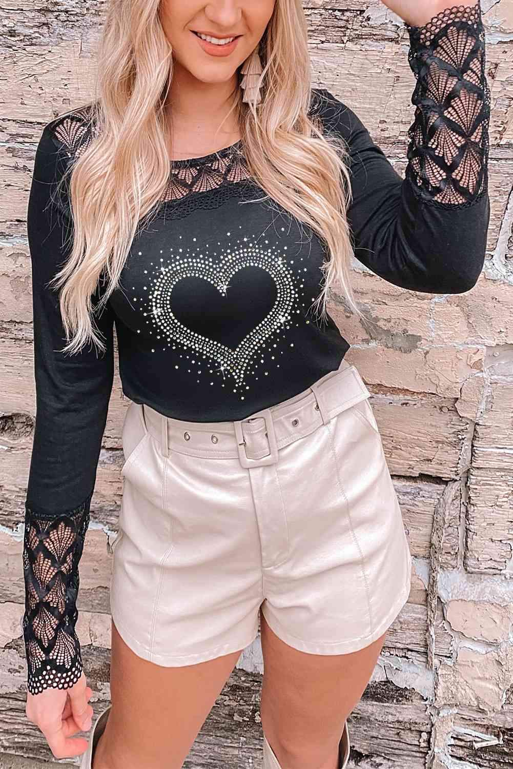 Heart Graphic Openwork Round Neck Blouse Blouses - Tophatter Daily Deals