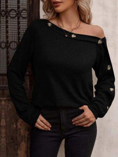 Decorative Button One Shoulder T-Shirt Black Women's T-Shirts - Tophatter Daily Deals