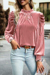 Tie Up Mock Neck Velvet Fabric Long Sleeve Blouse Dusty Pink Blouses - Tophatter Daily Deals