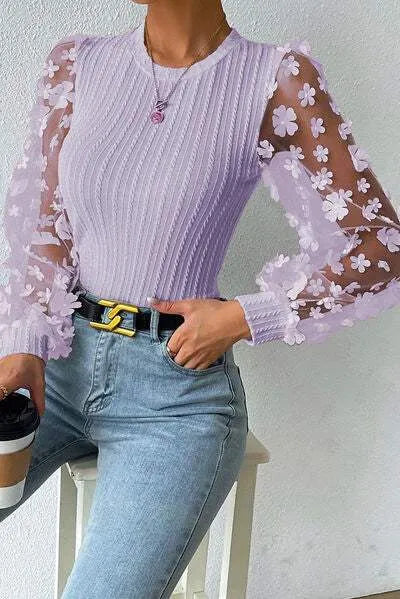 Double Take Textured Applique Long Sleeve Blouse Blouses - Tophatter Daily Deals