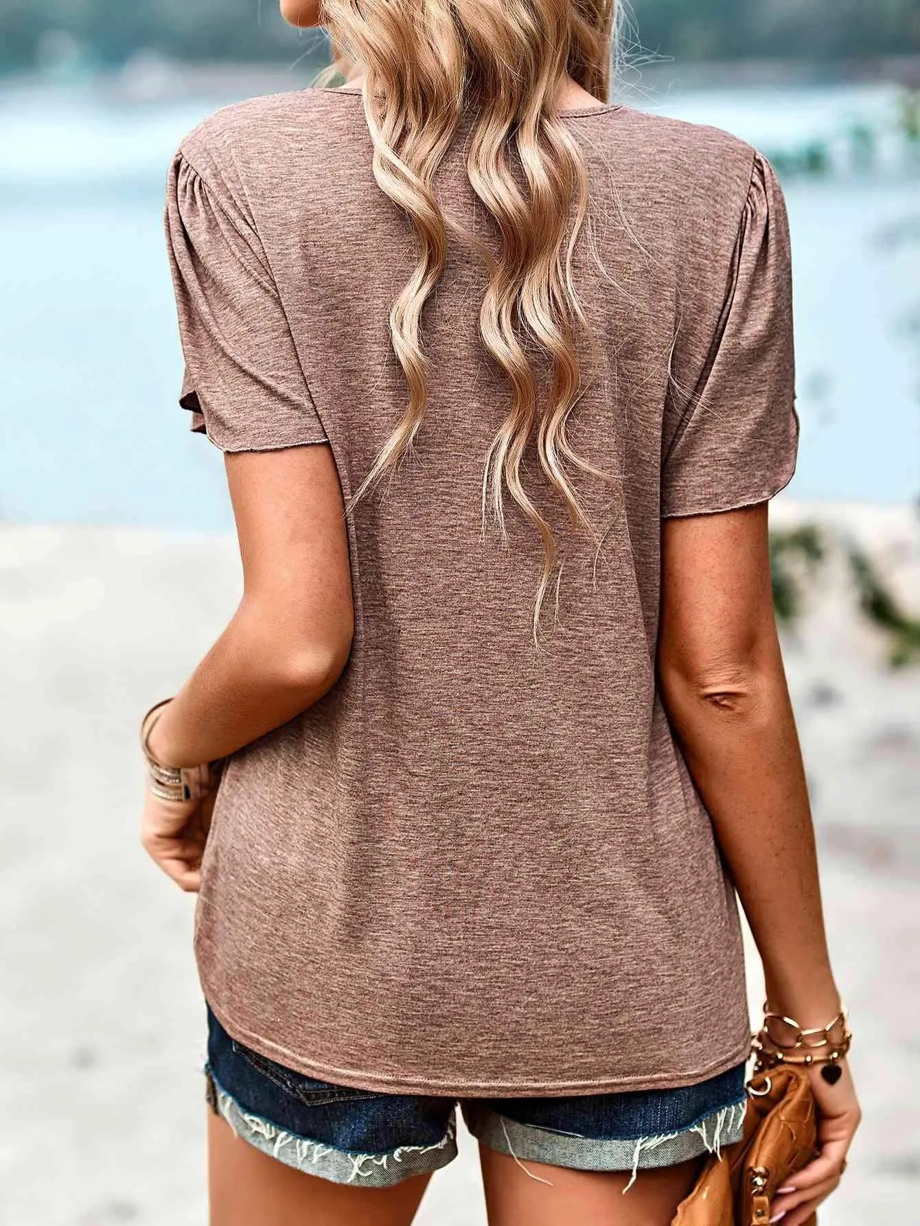 Contrast V-Neck Petal Sleeve Top Blouses - Tophatter Daily Deals