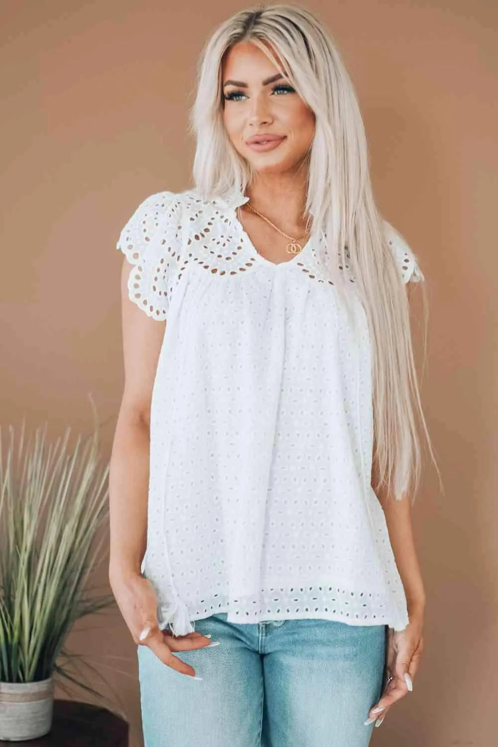 Eyelet Tassel Tie Flutter Sleeve Top Blouses - Tophatter Daily Deals