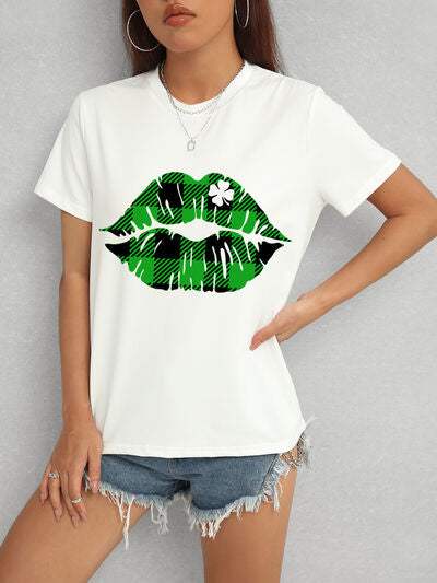 Plaid Lip Graphic Round Neck T-Shirt White Women's T-Shirts - Tophatter Daily Deals