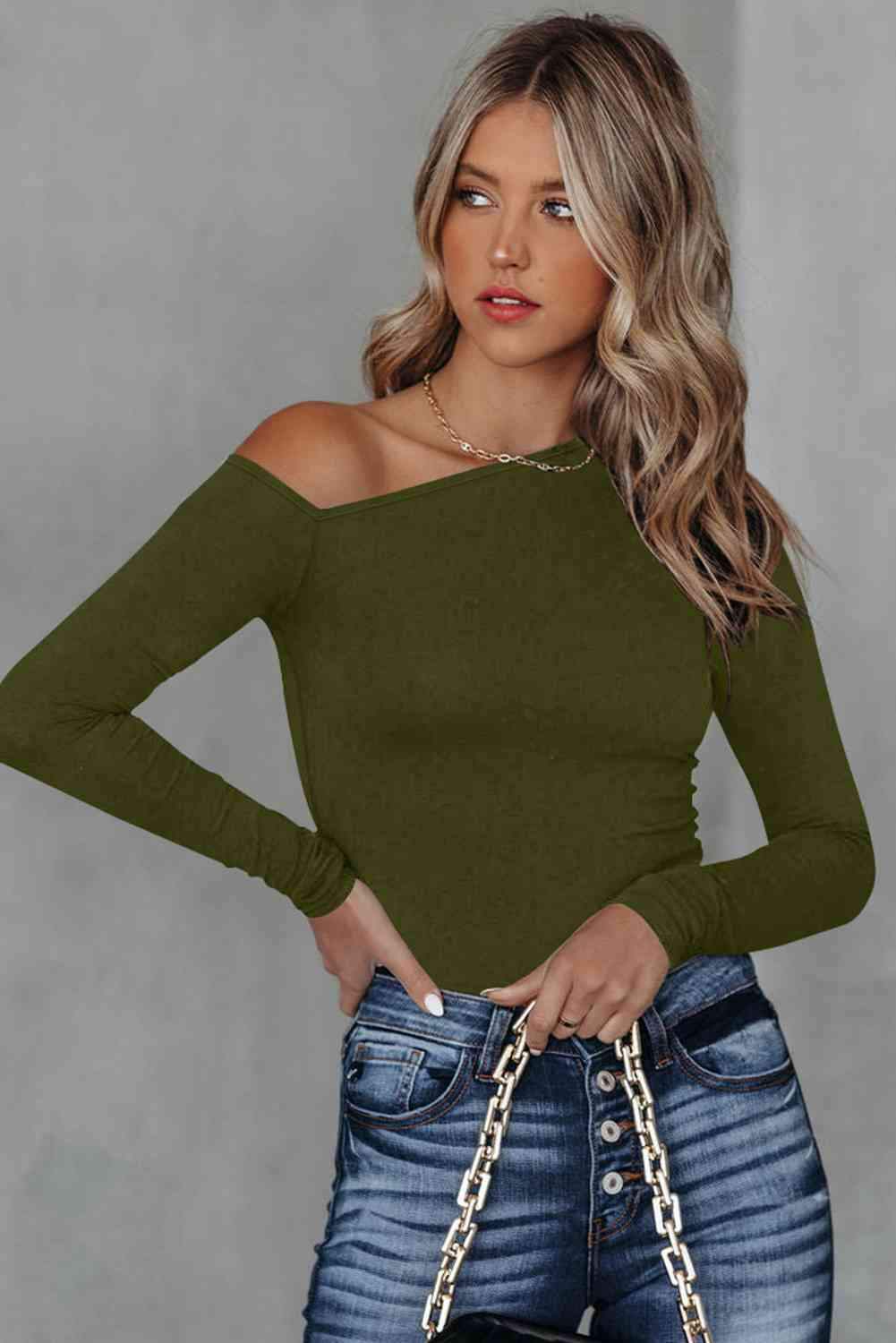 Asymmetrical Neck Long Sleeve Top Blouses - Tophatter Daily Deals