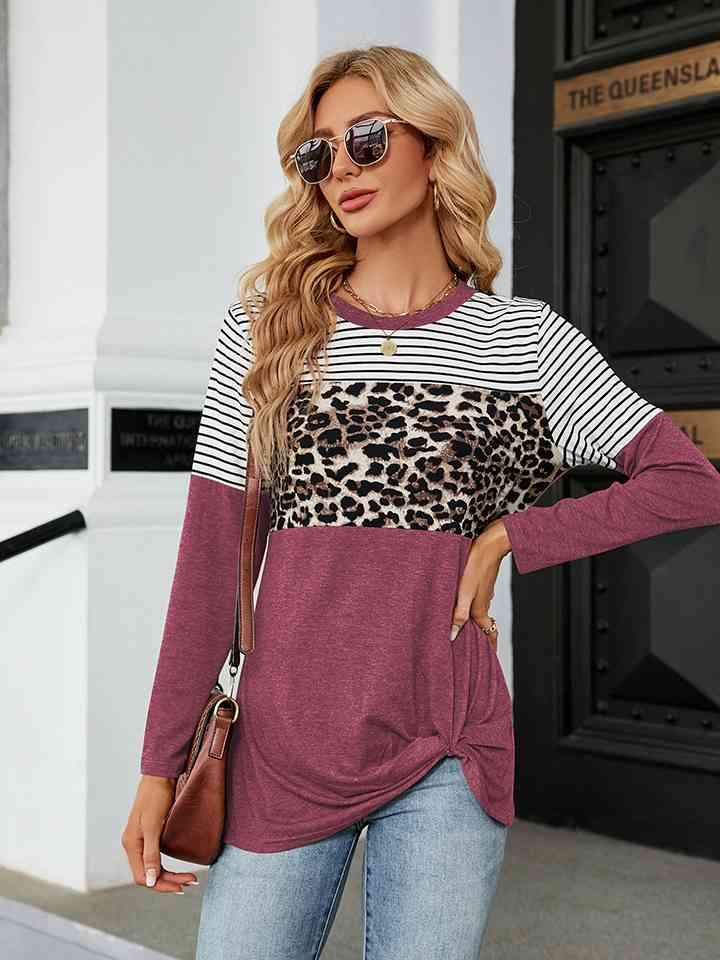 Color Block Round Neck Long Sleeve Blouse Blouses - Tophatter Daily Deals