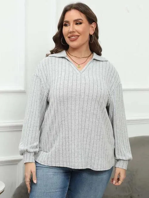 Plus Size Ribbed Collared Neck Long Sleeve Blouse Blouses - Tophatter Daily Deals