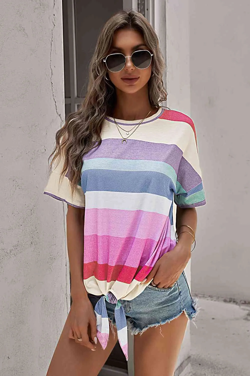 Rainbow Stripe Tie-Front Tee Shirt Multicolor Women's T-Shirts - Tophatter Daily Deals