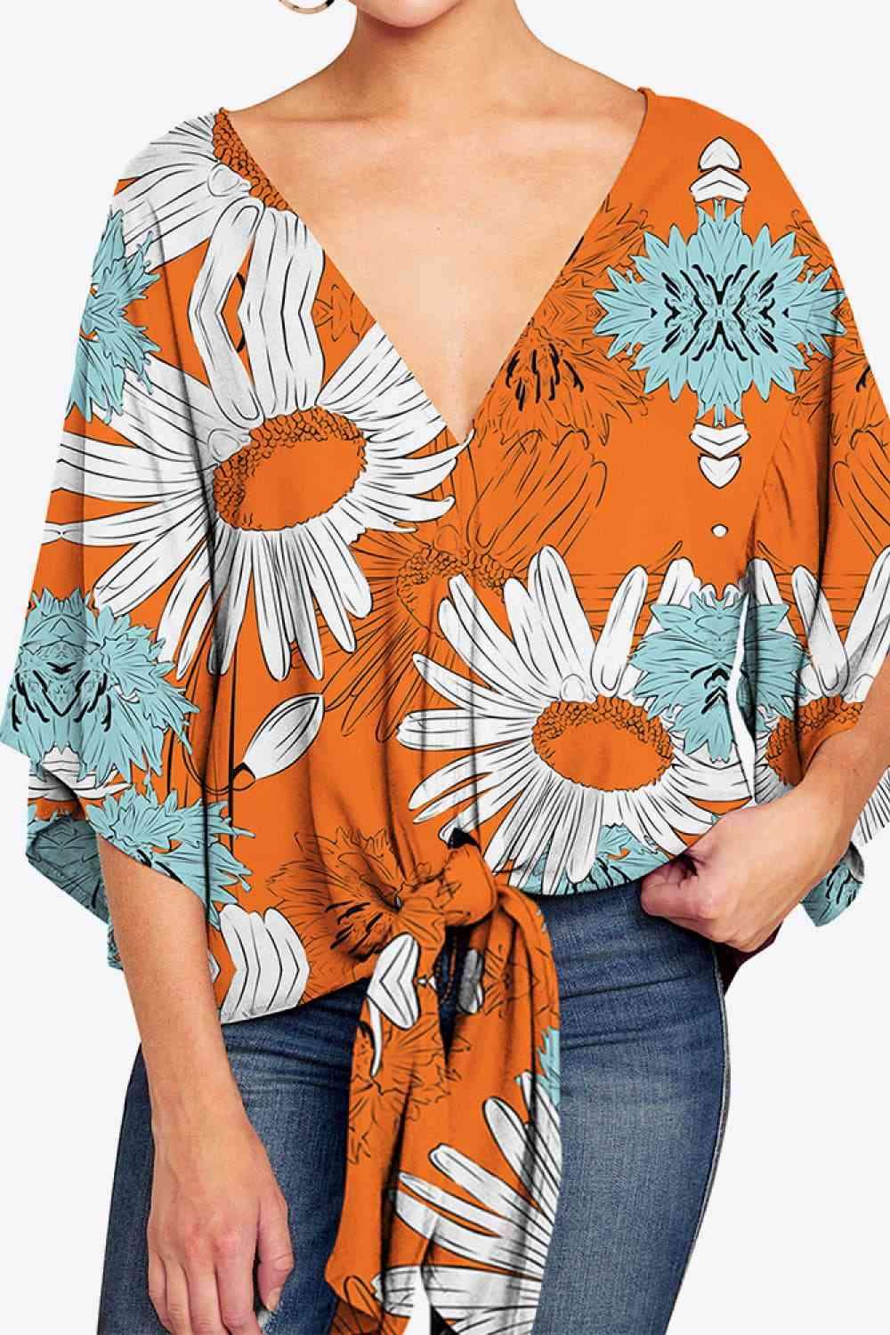 Printed Deep V Tie Hem Blouse Blouses - Tophatter Daily Deals