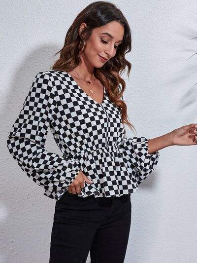 Checkered V-Neck Balloon Sleeve Peplum Blouse Blouses - Tophatter Daily Deals