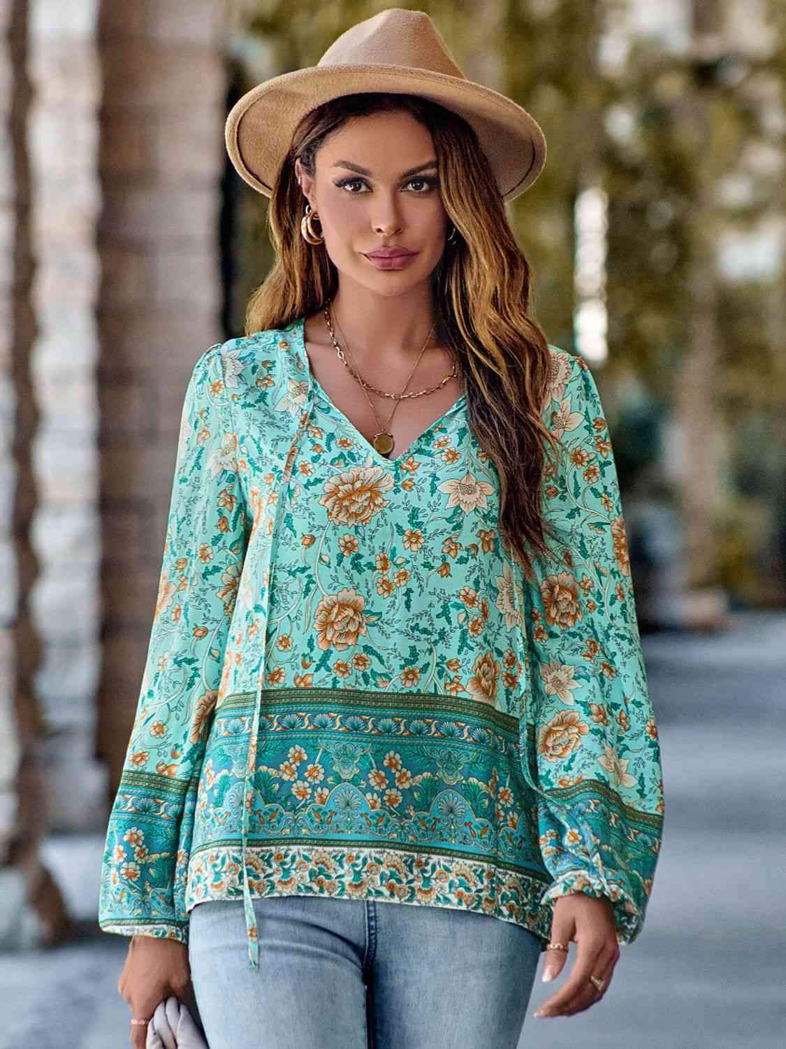 Printed Tie Neck Long Sleeve Blouse Blouses - Tophatter Daily Deals